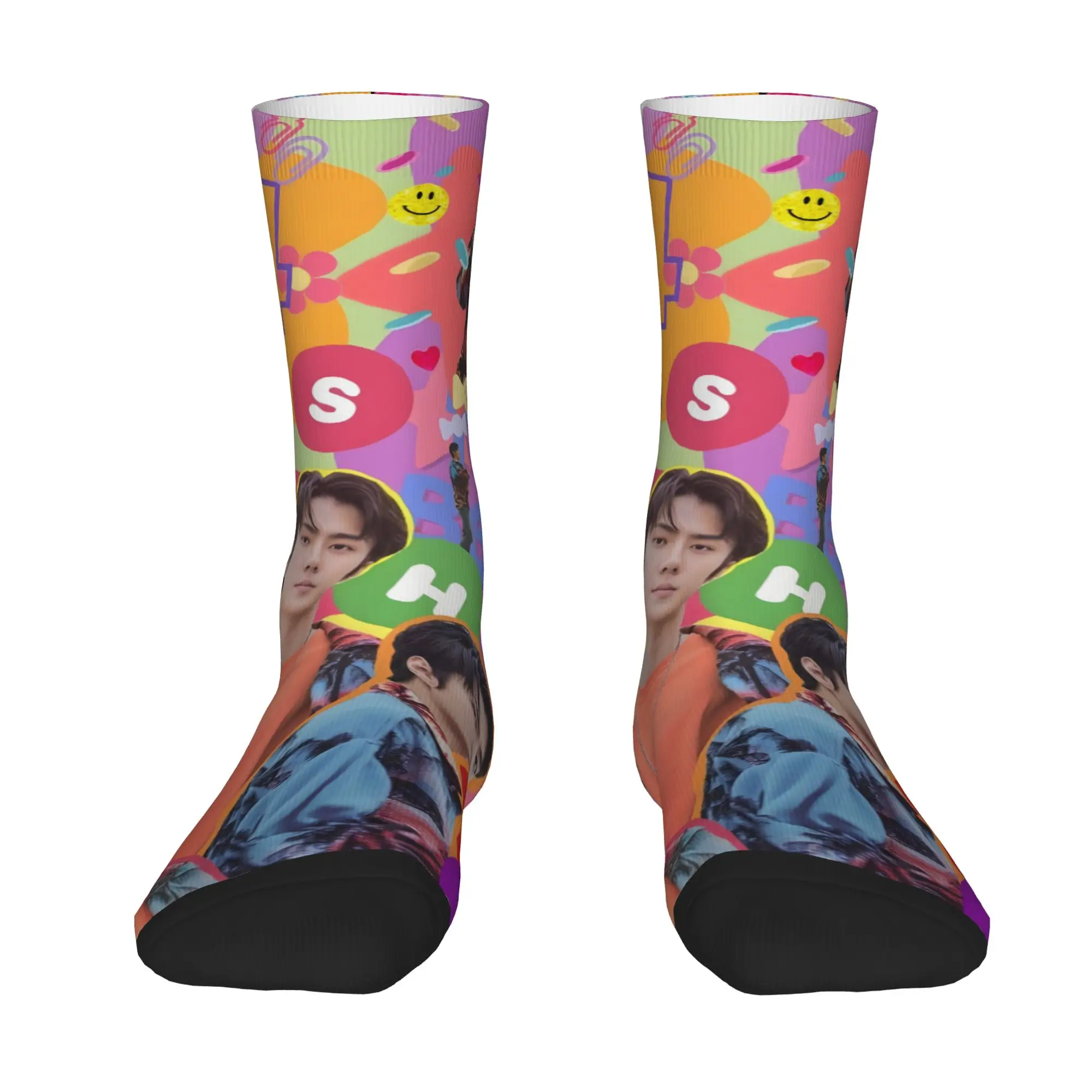 1 Pair Happy Funny Men's Sock Sehun Idol Vintage Harajuku  Hip Hop Novelty Casual Crazy Sock Gift Printed