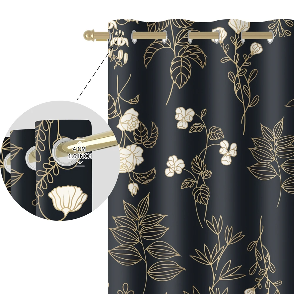 Luxury Black Gold Floral Line Art Blackout Curtain 2 Panels, Grommet Thermal Insulated Drapes for Living Room Bedroom Home Decor