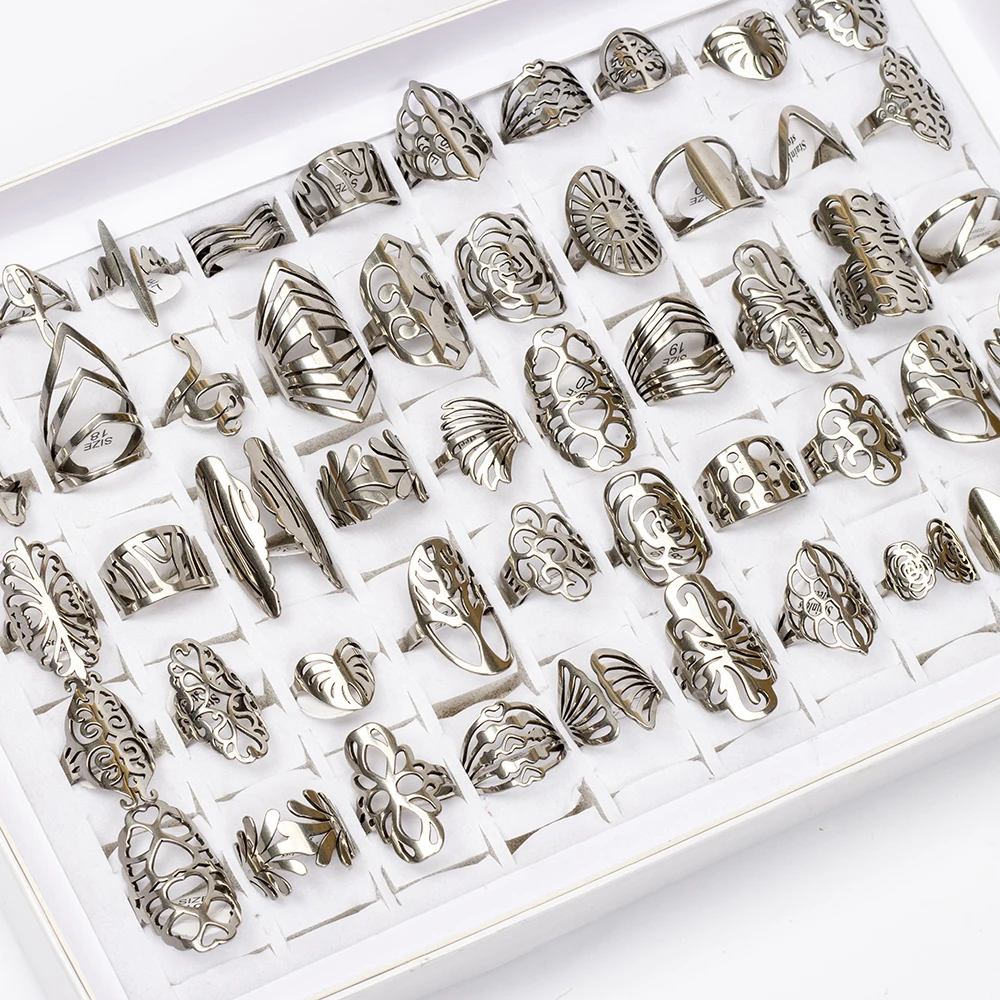 20 قطعة/الوحدة المرأة موضة الفولاذ المقاوم للصدأ الكبيرة والصغيرة الجوف قطع خواتم مجوهرات مزيج الحب زهرة القلب نمط للحزب هدية