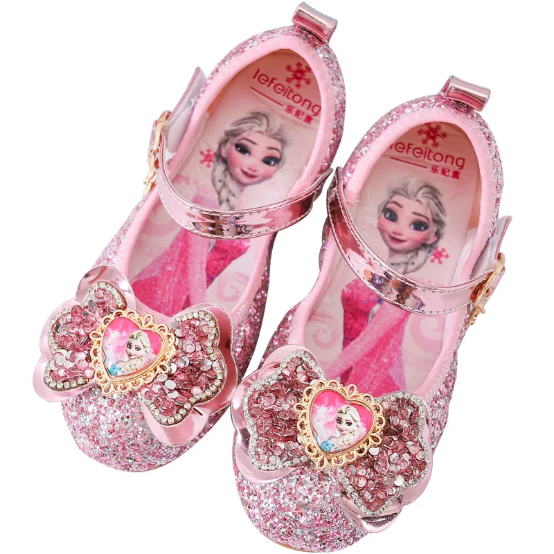 أحذية أميرات إلسا الصيفية، كعب كريستالي أنيق للفتيات وأحذية جلدية للأطفال