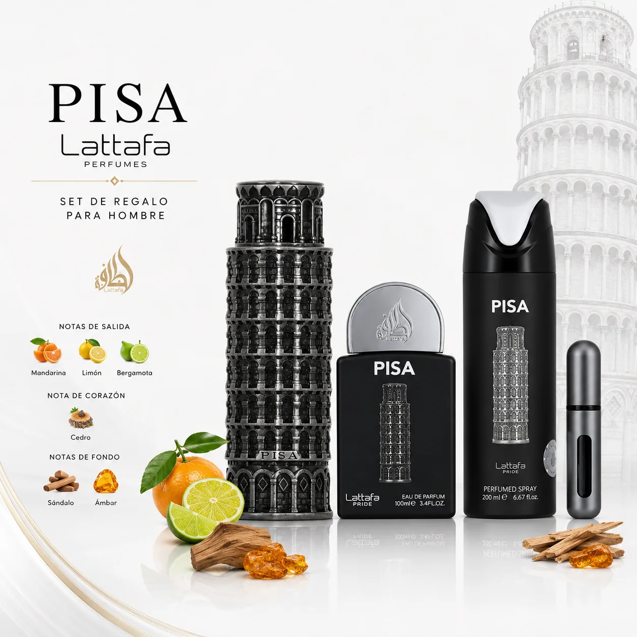 Pisa Lattafa Set Regalo Hombre | Eau de Parfum 100 ml + EDP 20 ml + Perfumed Spray 200 ml | Perfume Aromático Frutal 2024 | Notas de Mandarina, Limón y Bergamota | Fondo de Sándalo y Ámbar