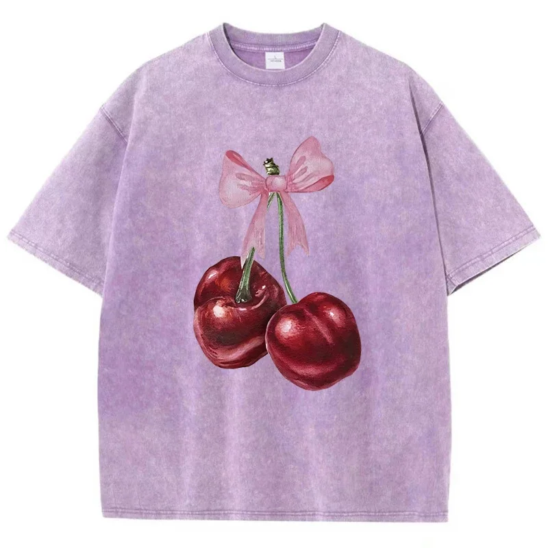 Cotton Washed T-Shirts Fashion Distressed Loose Tee Shirts Carefully Packaged Cherries Prints Tops Casual Female Clothes