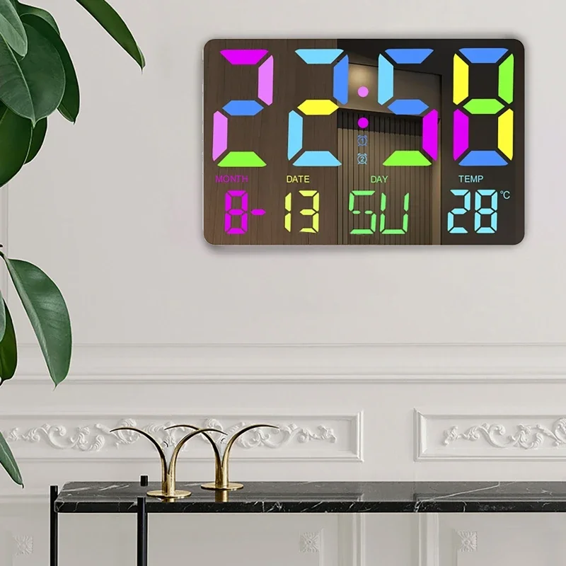 Rgb Electronic Walled Clock Temperature Date Display Brightness Adjustable Dual Alarms Clock Home Decoration with Remote Control