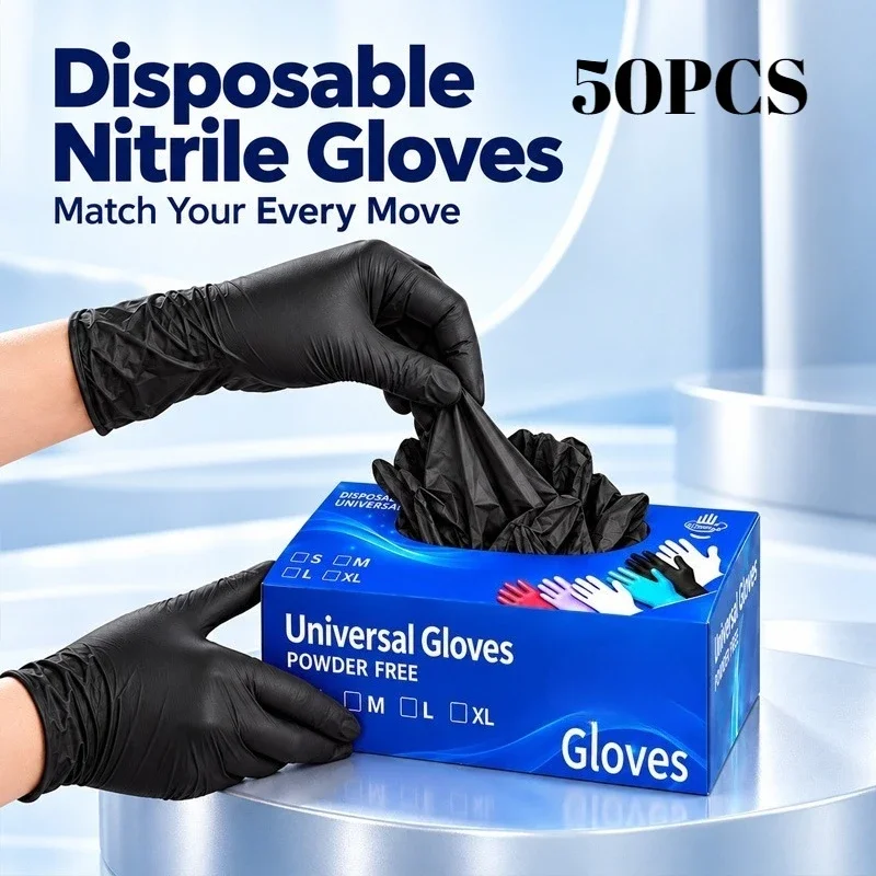 50PCS/Box  Black Disposable Nitrile Gloves for Mechanics Cleaning Beauty Cooking Household Daily Cleaning Tasks