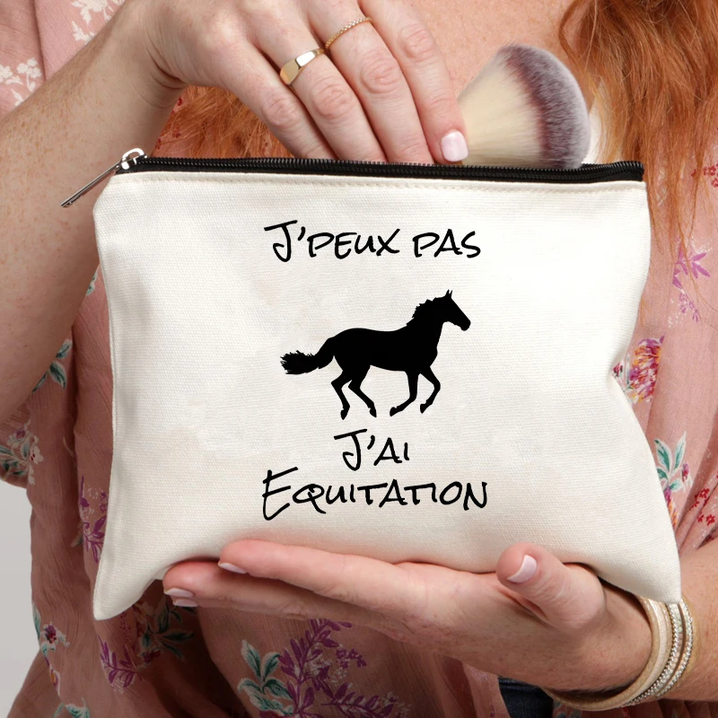 

Galloping Horse Silhouette Design Toiletry Bag Travel Cosmetic Essentials Gym & Daily Organizer Handwritten French Typography