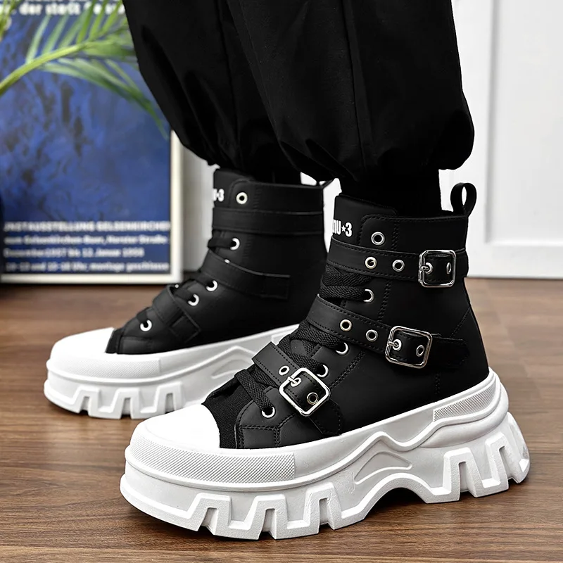 Männer Punk Gothic Stiefel Mode Schnalle Kette High Heels Mittlere Waden Stiefel Männer Schwarz Pu Leder Plus Größe Herbst botas
