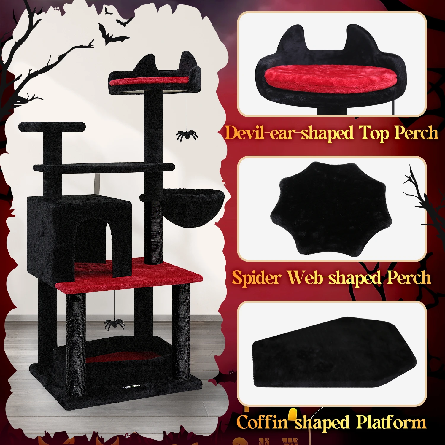 F52 Gothic Cat Tree, 52in Goth Cat Tower Unique Cat Tree with Coffin Bed for Indoor Cats, Scratching Posts, Hammock, Black