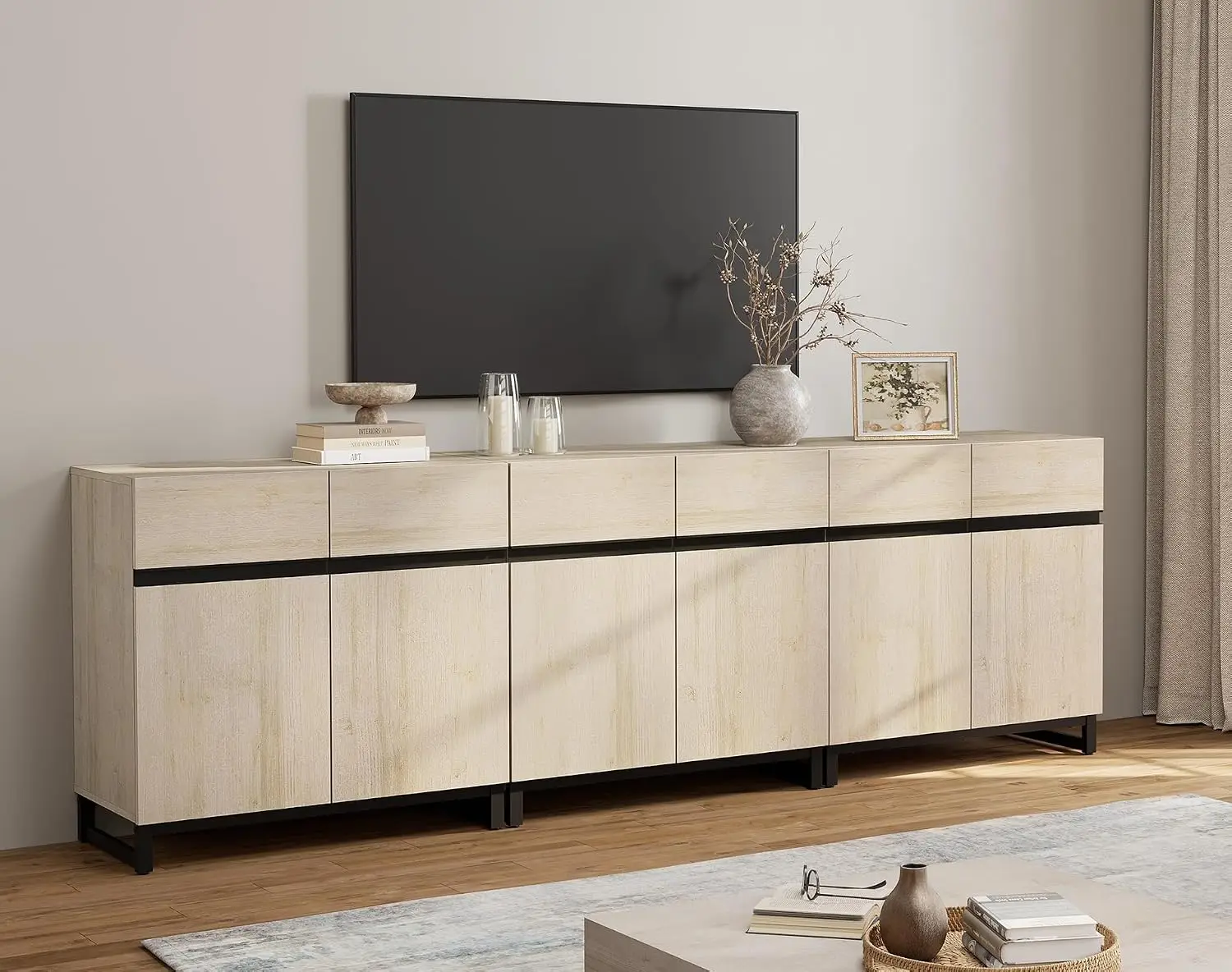Modern TV Stand for TVs Up to 100 Inch, 3-in-1 Wood Entertainment Center with Adjustable Shelves & Protective Foot, Customized