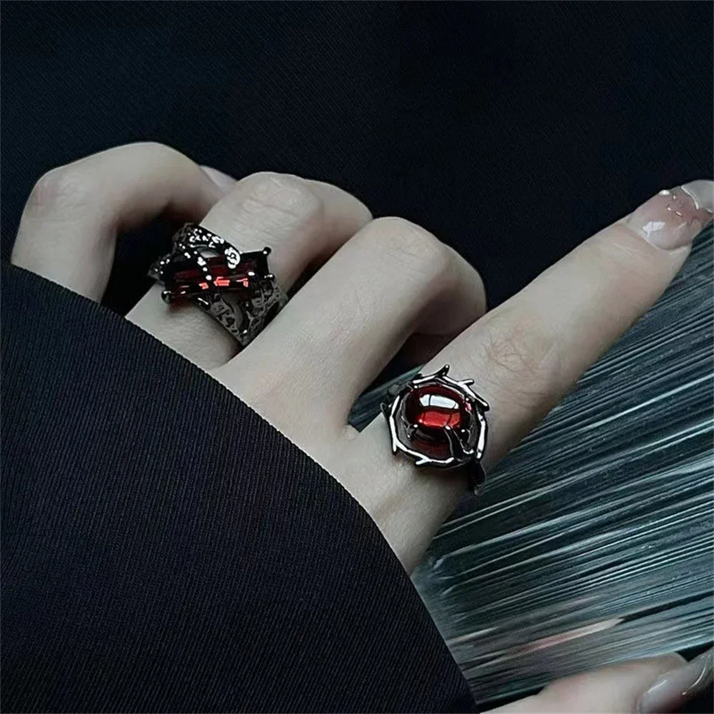 

Neo-Goth Red Crystal Gemstone Ring Dark Cutout Vintage Geometric Shape Ring For Women Retro Party Jewelry Open Rings Gift