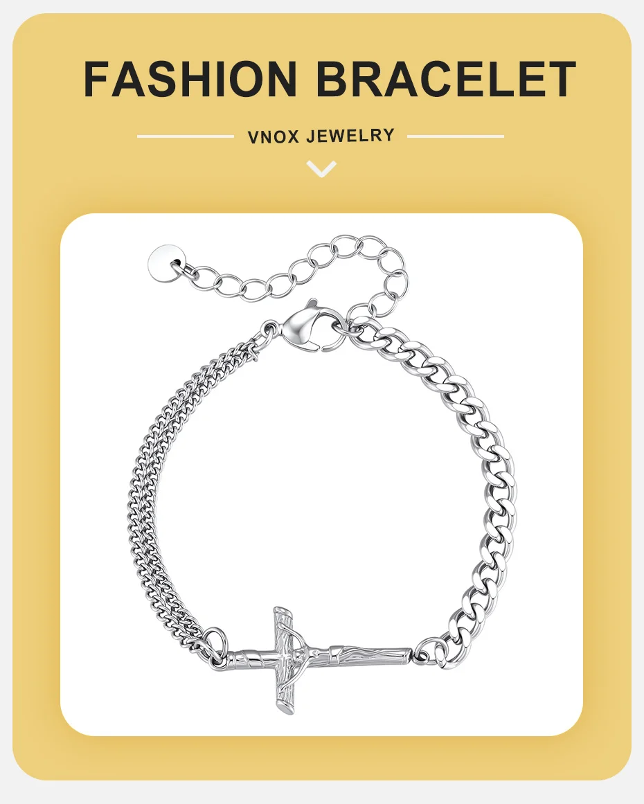 Vnox Herren Edelstahl Jesus Kruzifix Kreuz Armband Verstellbare Panzerkette Religiöser Schmuck Geschenk für Männer – Detail 1