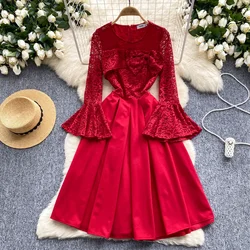 Elegant Sexy lace bow PATCHWORK Flare lool Sleeve Dress Vintage Slim summer backless sweet A-line dresses