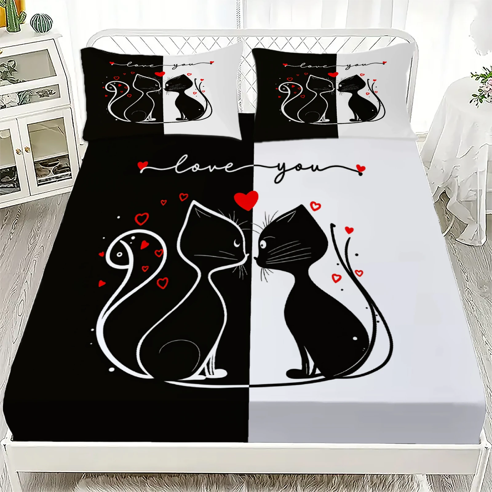 love-you-couple-cat-fitted-sheet-set-black-white-split-design-bedding-with-pillowcases-soft-polyester-bed-linen-for-bedroom