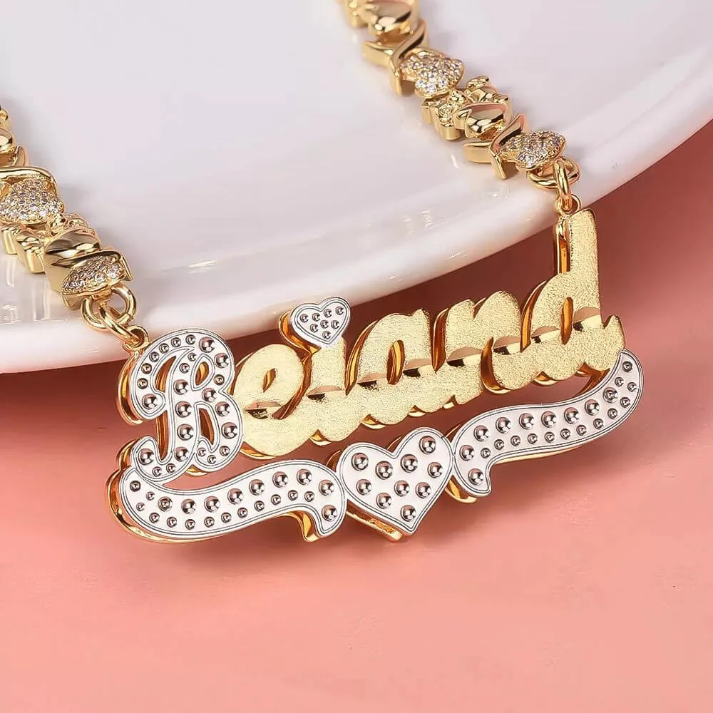 Imagem -02 - Colar Personalizado de Dupla Camada Nome Personalizado Teddy Heart Chain Xoxo Dois Tons Banhado a Ouro