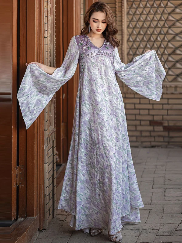 

Ele V-ne Long Dr Lav Purple Hand-sewn Rhinestone Decoration Flared Sves Loose Fit Maxi Skirt One-piece Dr