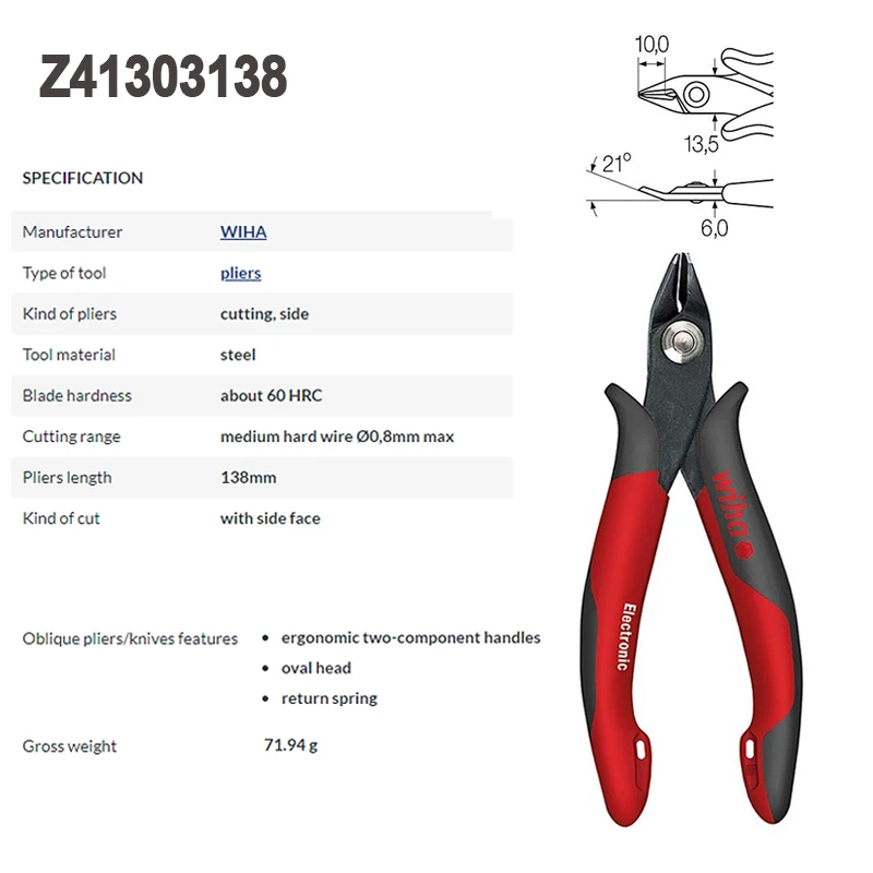 Wiha 26815 Electronic Diagonal Cutters Wide, Pointed Head with Small Bevelled Edge 138 mm Cutting Pliers