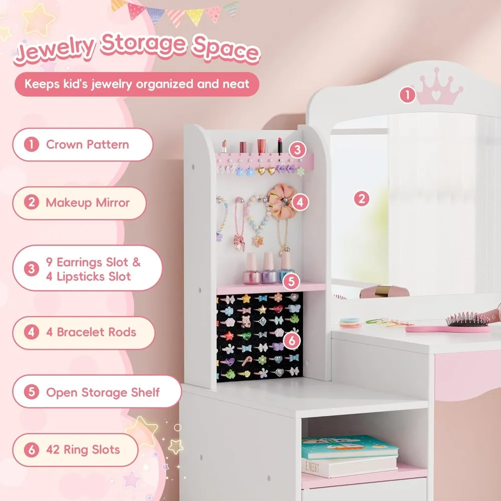 화장대, 거울과 스툴이 포함된 소녀용 화장대 세트, 보석 보관함이 있는 2 in 1 유아용 화장대, 나무 공주 화장대