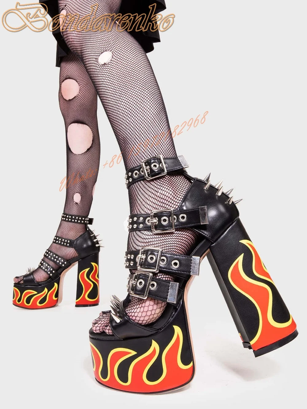 Flame Printed Rivet Sandals Open Toe Platform Straps Buckles Sandals Thick High Heels New Style Summer Party Designer Shoes Sexy