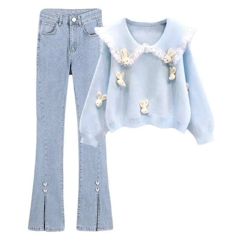 Lente En Herfst Collectie 2024 Nieuwe Kleine Geurige Stijl Set Marine Kraag Premium Trui Split Jeans Dames Tweedelige Set