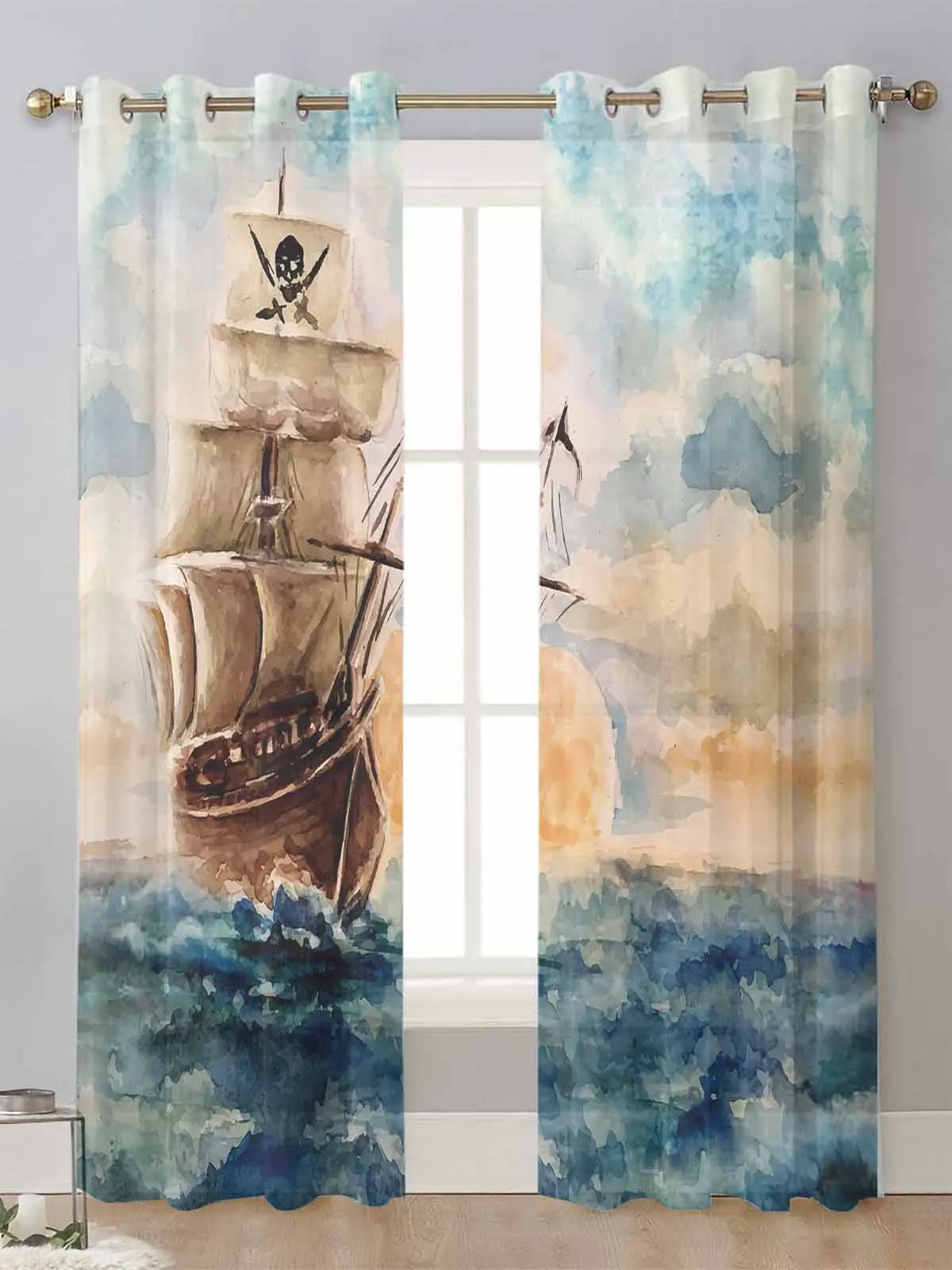 Oil Painting Style Pirate Boat Sheer Curtains For Living Room Window Transparent Voile Tulle Curtain Cortinas Drapes Home Decor