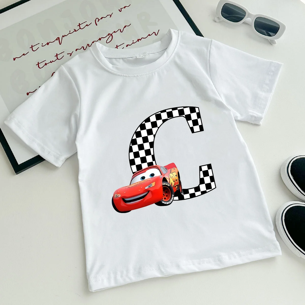 

Lightning Mcqueen T-shirt for Kids Clothes Birthday letter A-Z Name Print Children's Clothing Party Wear Tops Disney Cars Tees