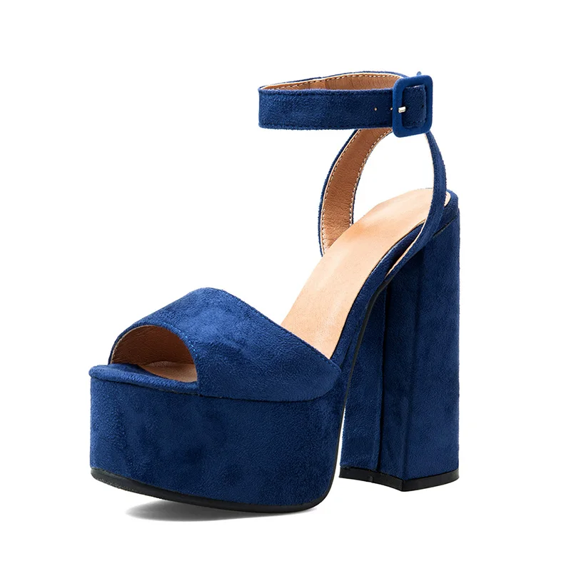 Olomm Handmade Women Summer Platform Sandals Faux Suede Block High Heels Peep Toe Pretty Blue Party Shoes Size 35 47 52