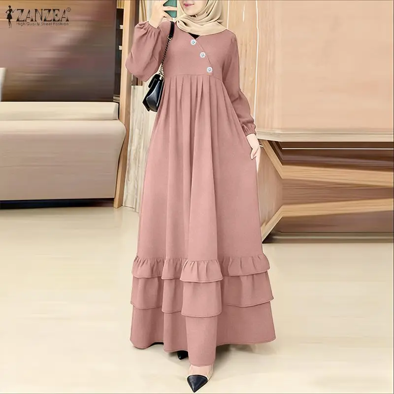 

Элегантное мусульманское платье-абайя ZANZEA 2026 для женщин, весеннее, с V-образным вырезом, длинными рукавами, оборками, для Рамадана и Ид Мубарак, кафтан