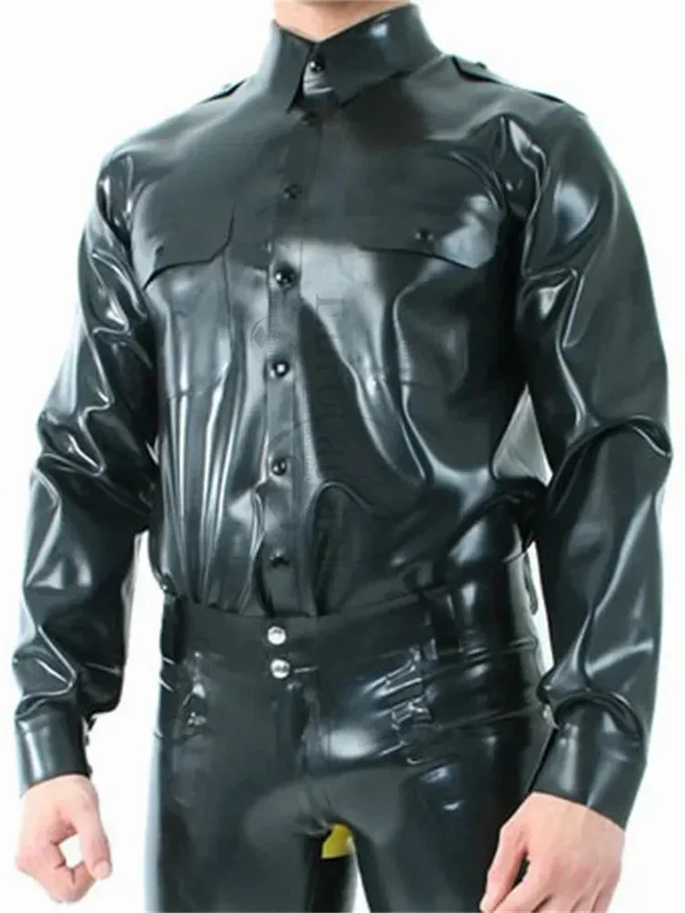 

Black Sexy Latex Shirt With Buttons At Front Long Sleeves Turn Down Collar Pockets Rubber Top Customized