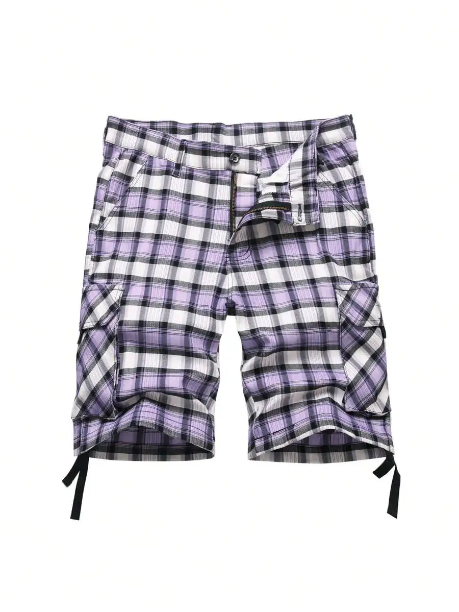 Cargo Short For Men 10" Inseam Relaxed Fit Plaid Outdoor Hiking Work Stretch Cotton Casual Shorts With Multi-Pocket