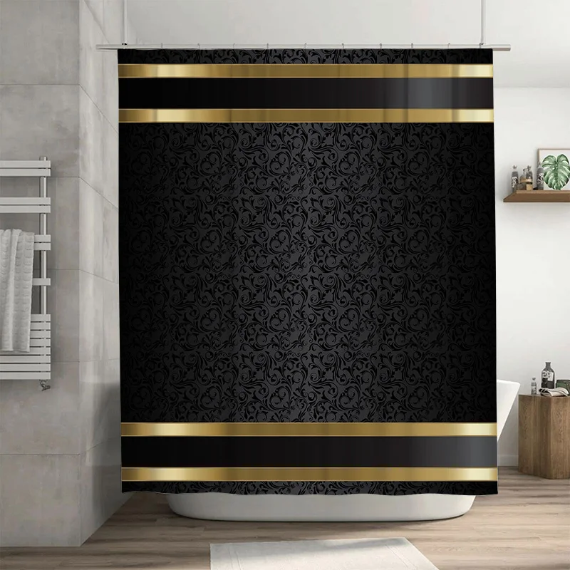 Luxury Black & Gold Bathroom Set - Elegant Shower Curtain, Non-Slip Bath Mats & Toilet Cover, Modern Decor (4-Piece) - view 3