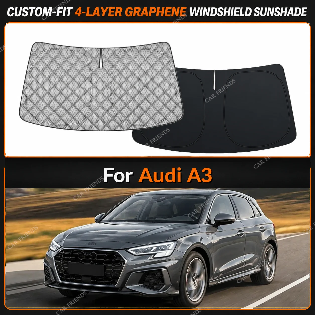 For Audi A3 Custom-Fit 4-Layer Graphene Windshield Sunshade Reflective Gray-Silver Surface Helps Reduce Direct Sunlight