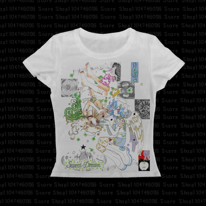 Vêtements de style coréen des années 2000, rétro des années 90 Emo, motif mignon Y2k, impression couleur, t-shirts Vintage Harajuku, T-shirt Slim à manches courtes