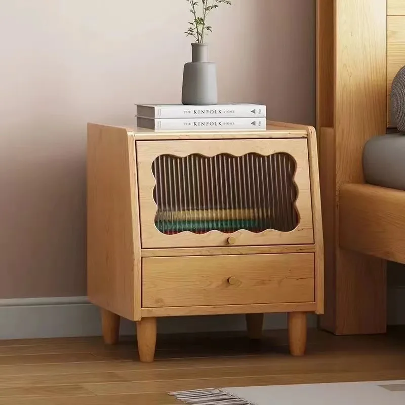 

Retro, solid wood bedside table, simple bedroom locker, small apartment storage