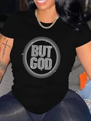 T-shirt damski Plus Size Letni okrągły dekolt Krótkie rękawy Nadrukowane gorące diamentowe litery BUTGOD Y2k Topy Plus Size T-shirt