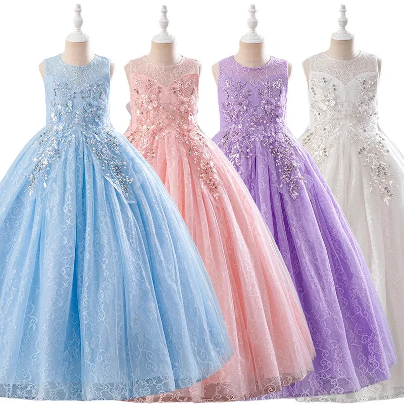 

Formal Girls Lace Flower Wedding Bridesmaids Communion Dresses 4-14Years Children's Graduation Ceremony Elegant Gala Host Dress