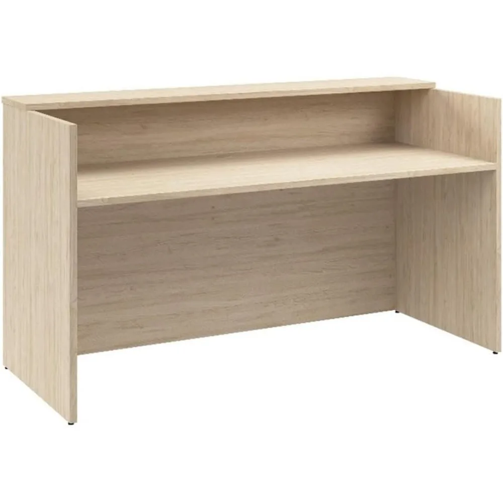 

natural elm reception desk with engineered wood shelves