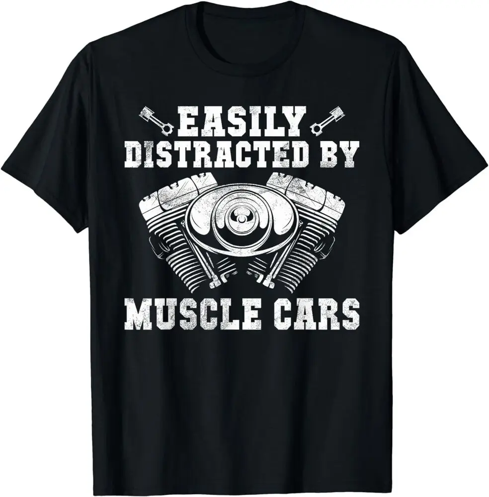 Easily Distracted By Muscle Cars Mechanic T-Shirt  Cotton Luxury brand vintage oversized