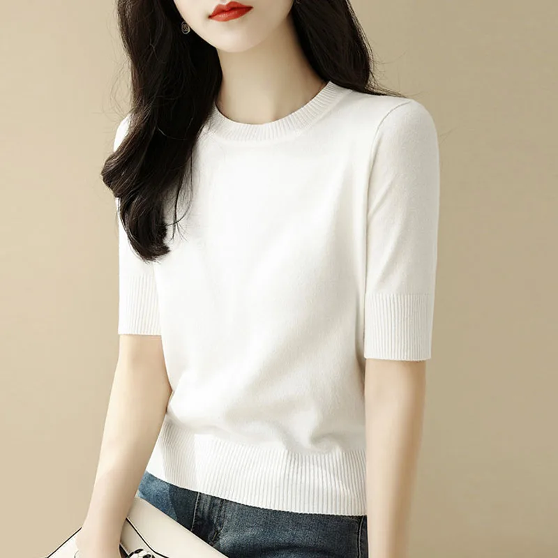 

Knitted Sweater Women Pullovers New Short Sleeve O-Neck Black Knit Sweater Pullover Women Tops Sweaters Sueters De Mujer Q1297