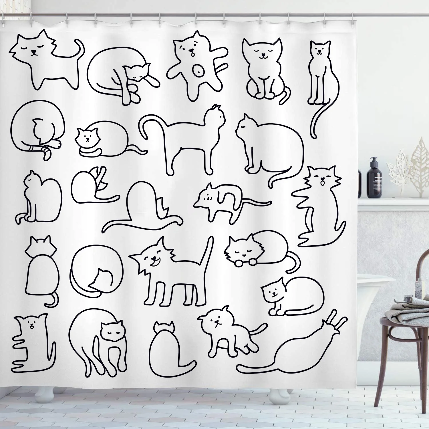 Black Line Katzen-Duschvorhänge, waschbarer Stoff, Polyester, für Badewanne, Kunst, Badezimmer, Dekor, Trennwand mit Haken, zum Aufhängen, wasserdicht – Detail 5