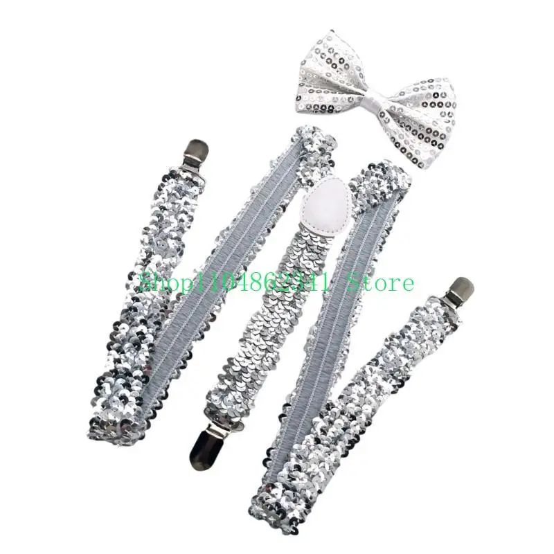 

5asd Stylish Y Shaped Back Suspenders and Bowtie with Sequins for Men Women Unisex