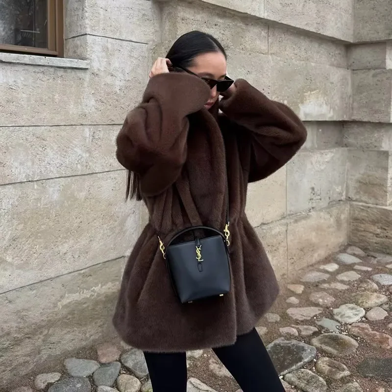 Women's imitation mink fur jacket autumn and winter waist medium and long loose lapel plush coat