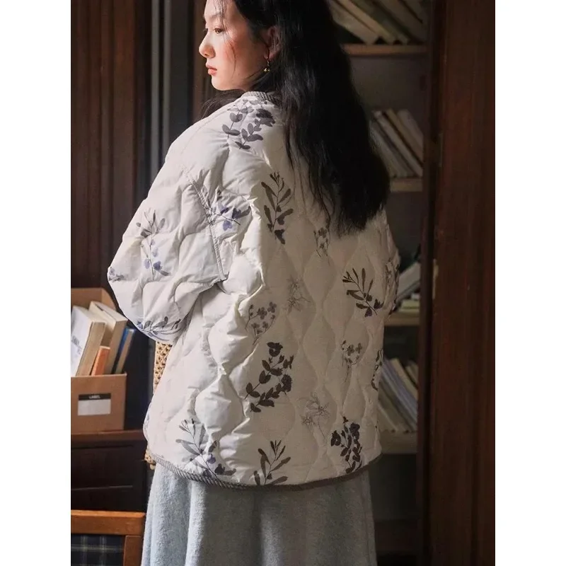 Vintage Floral Quilted Jacket Women's O Neck Single Breasted Diamond Plaid Loose Warm Outwear Fashion Long Sleeve Coat Top