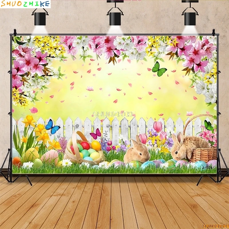 

SHUOZHIKE Green Spring Easter Day Photography Backdrops Props Hare Rabbits Colorful Eggs Wood Photo Studio Background VV-12