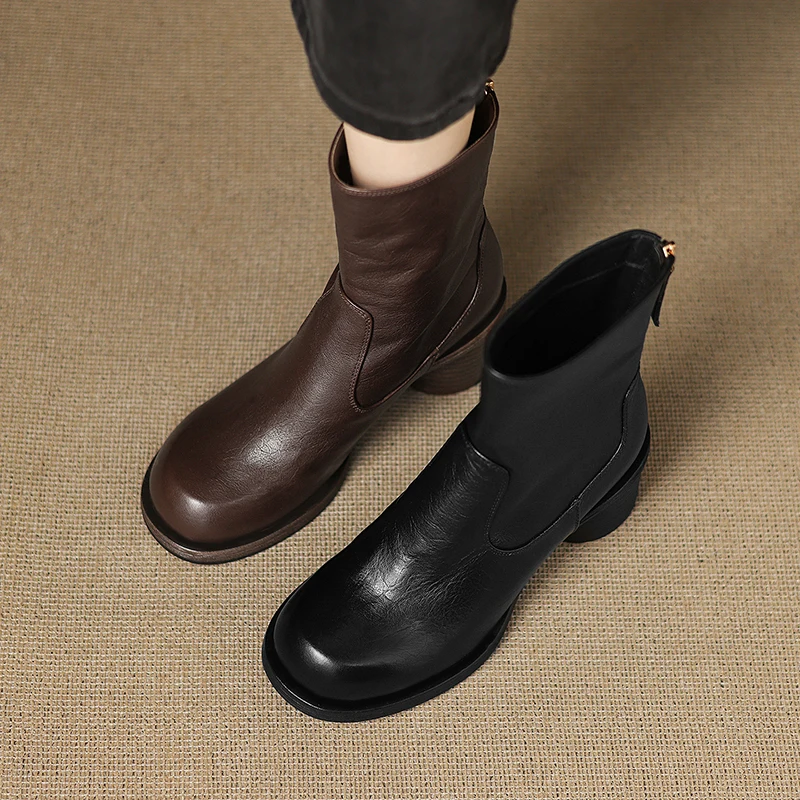 

Новинка 2026, осенне-зимние женские ботильоны из натуральной кожи, модные узкие ботинки из воловьей кожи с круглым носком и молнией сзади на толстом каблуке 22-24,5 см