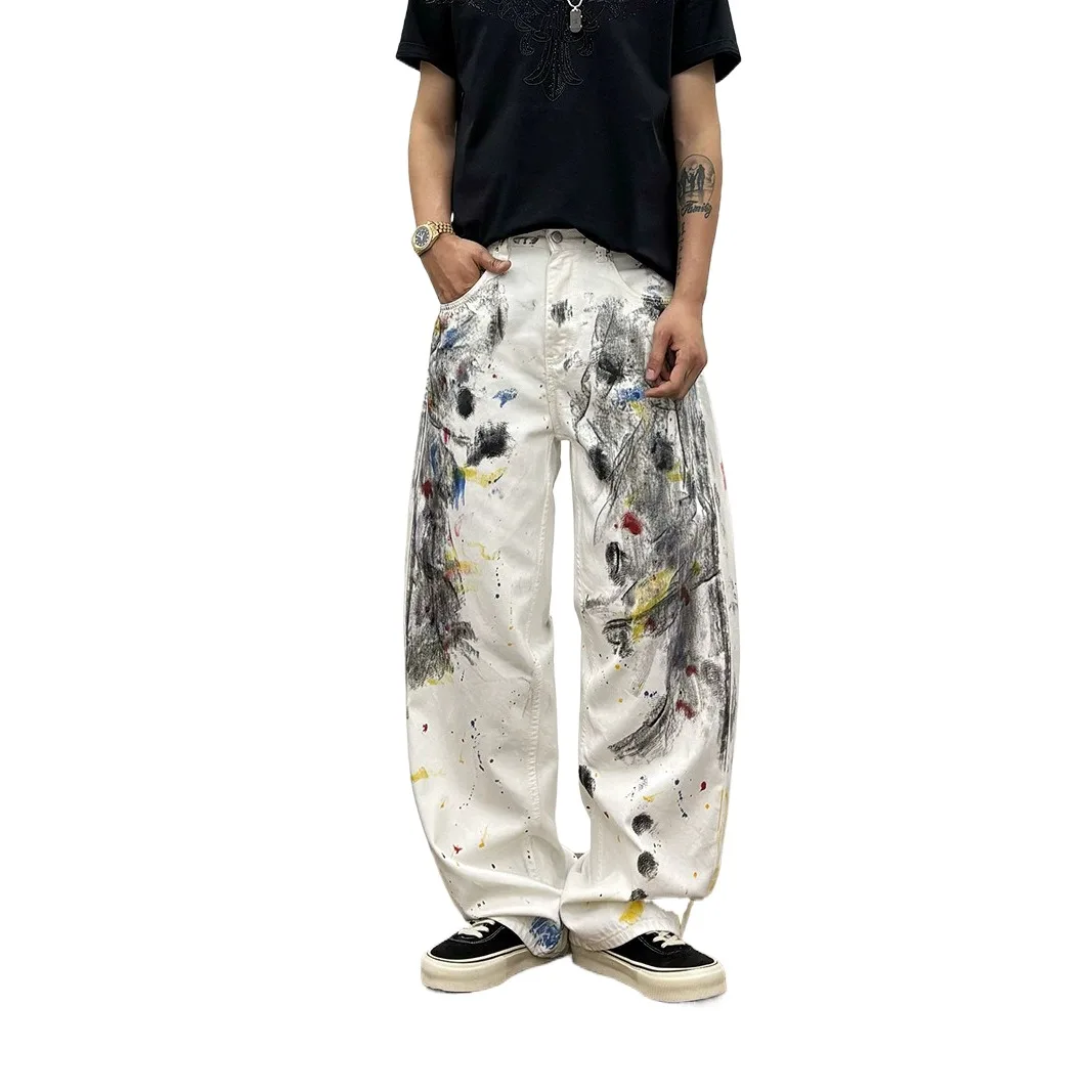 Men's Streetwear Baggy Jeans White Denim with Paint Splatter Cool Loose Fit Vibe Style Hip Hop Denim Trousers