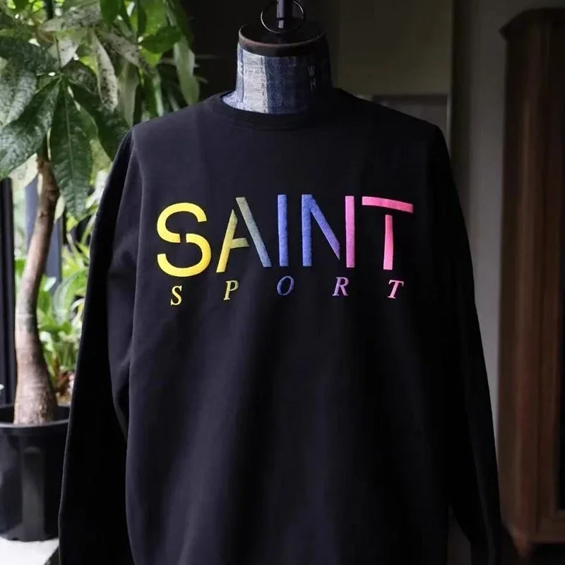 

Высокое качество, новая белая, черная потертая футболка SSSAINT LOUIS с длинным рукавом и принтом для мужчин и женщин, хлопковая винтажная футболка в японском стиле