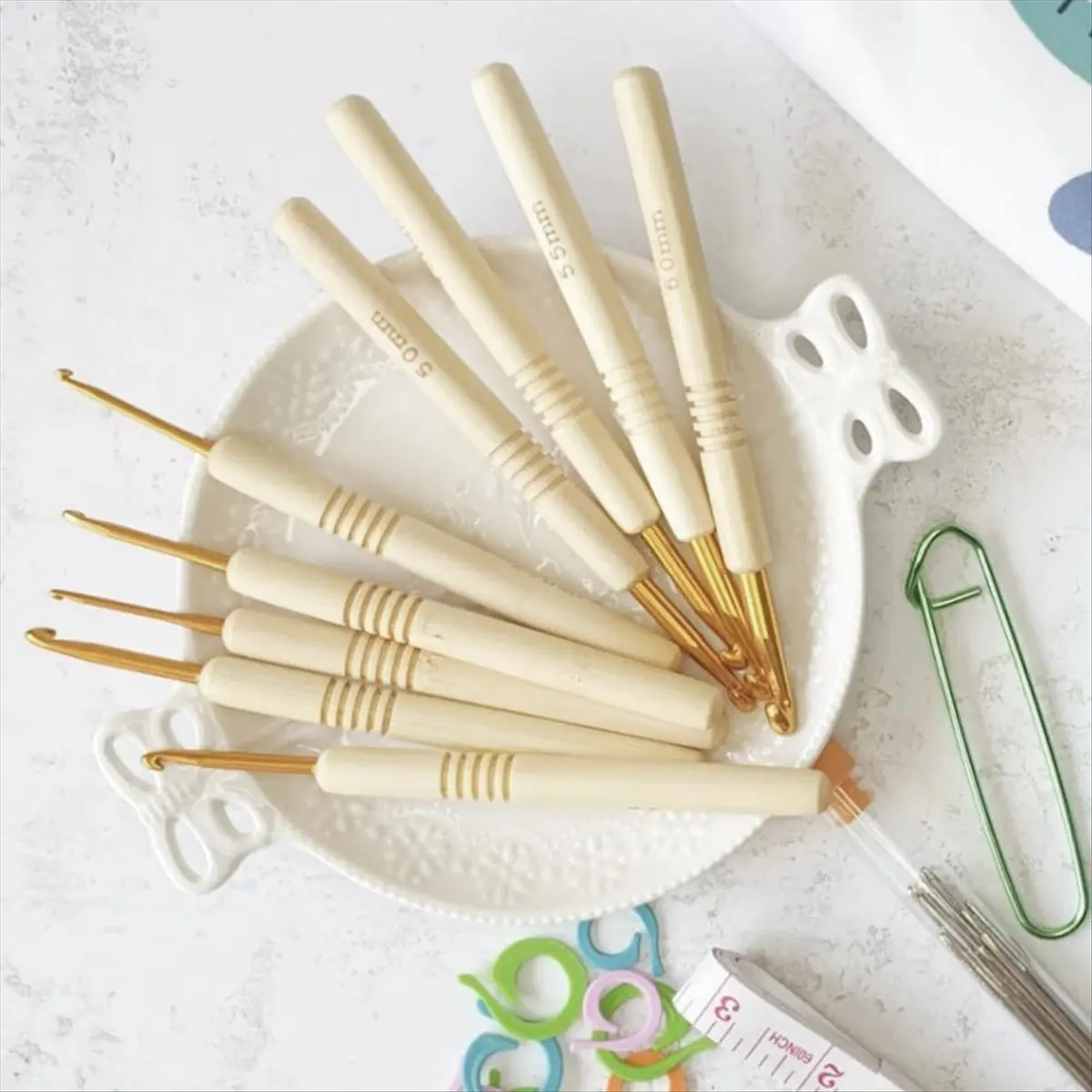 A22I Juego de 9 Agujas de Ganchillo de Bambú de 135 mm con Mango de Madera, Agujas de Tejer para Hacer Mantas, Manualidades con Hilo