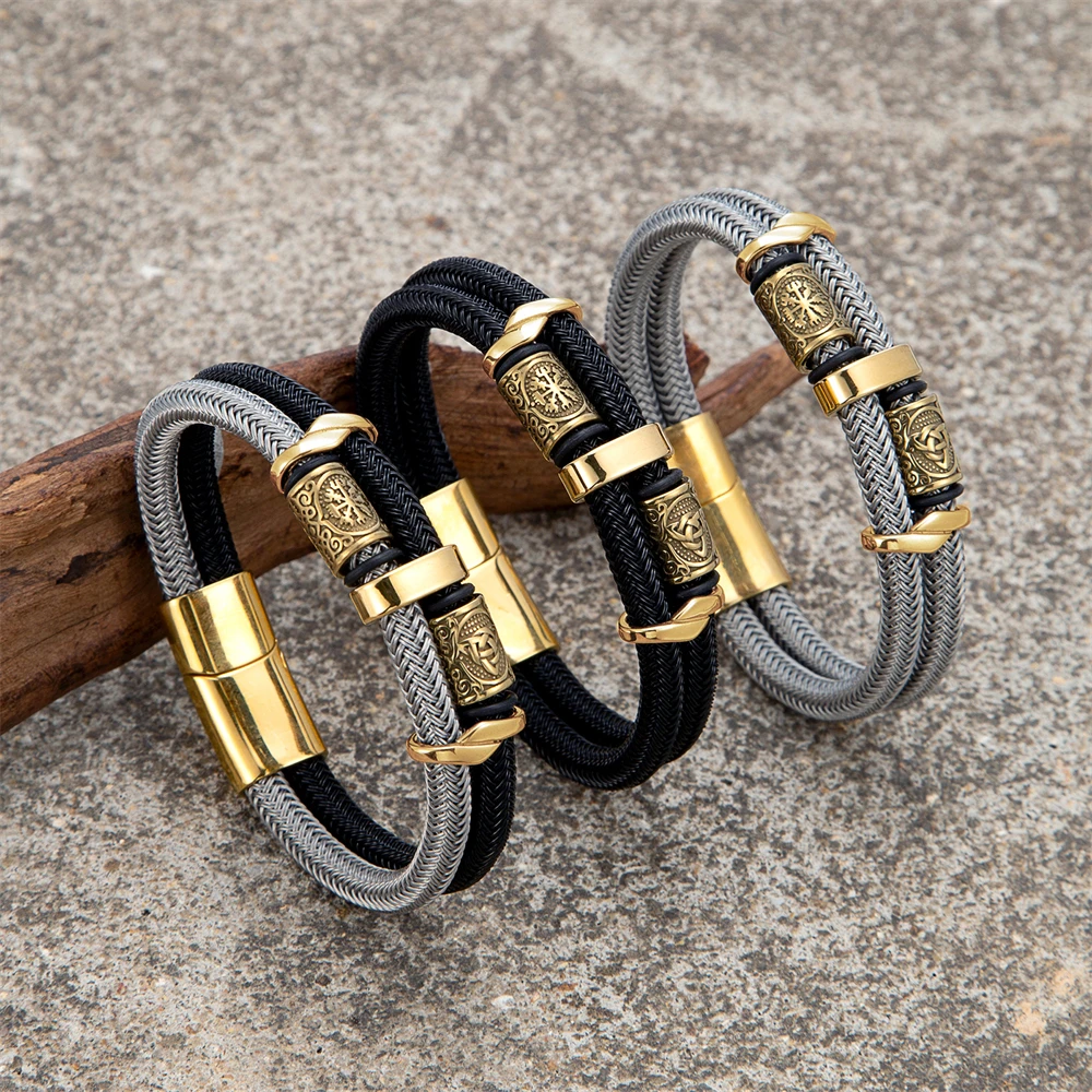 Vikings Runes Double-Layer Unfading Wire Rope Bracelets Men Norse Gold Color Stainless Steel Wristband Luxu Male_maomaolike.com