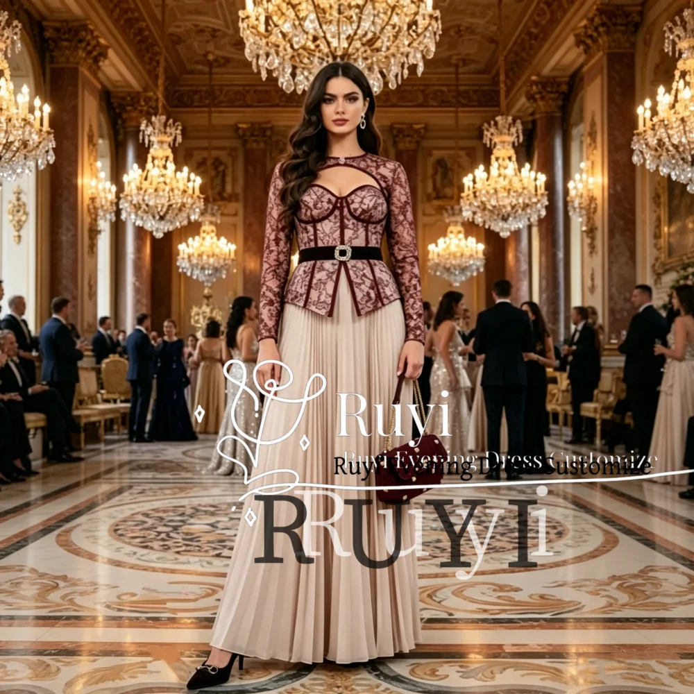 Customized Burgundy Lace Long Sleeves Formal Evening Dresses Prom Gown Beads Sash Sweetheart Chiffon Elegant Party Dresses 2026
