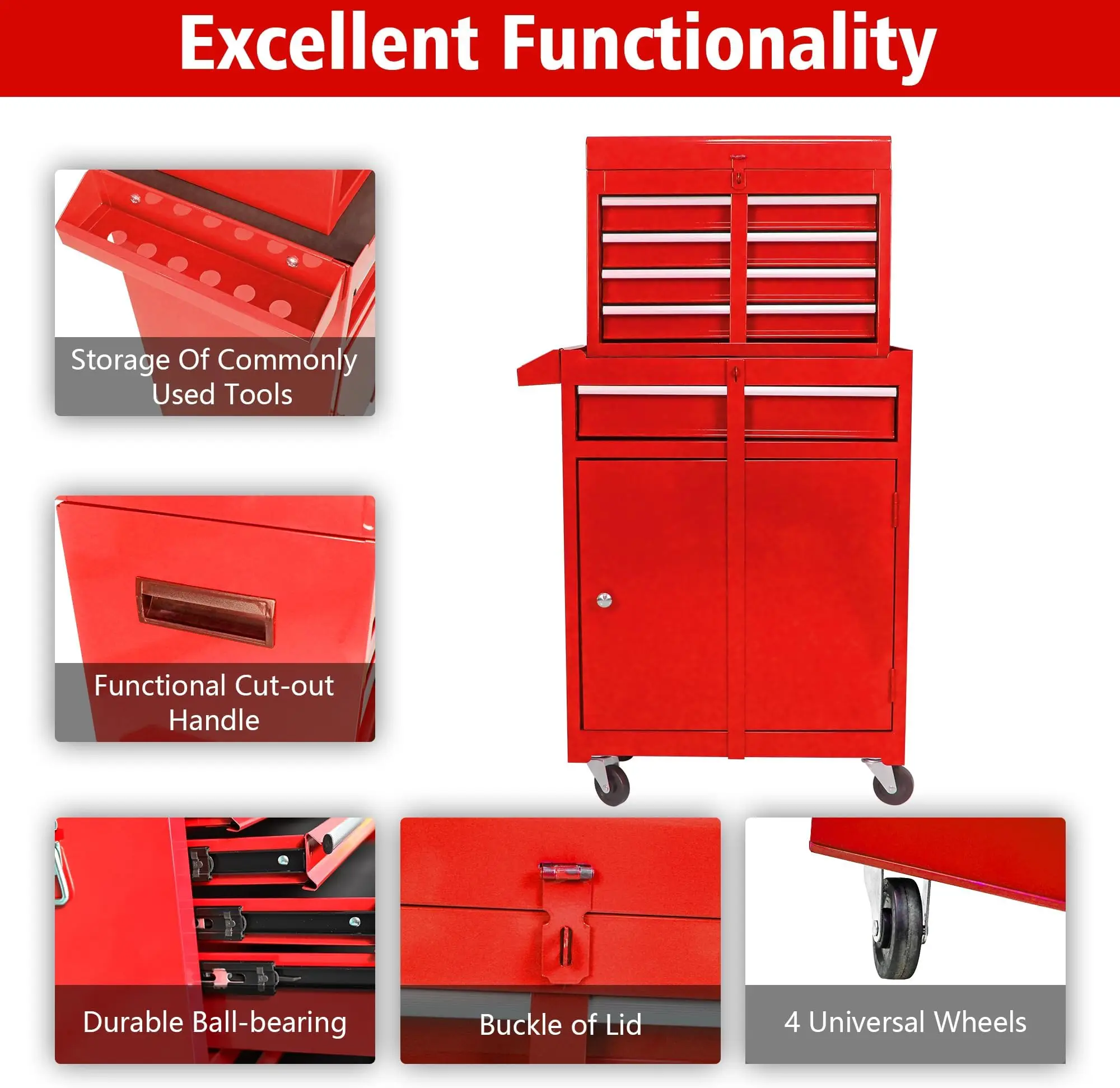 Tool Chest with 5 Drawers, Tool Cart with 7 Organizer Tray Divider Set & Wheels, Large Rolling Tool Box Organizer for Garage