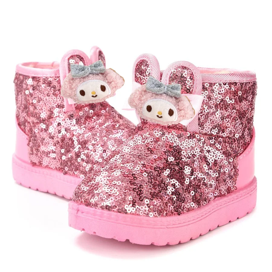 Sanrio olá kitty crianças botas de inverno kuromi lantejoulas orelhas de coelho bonito meninas canela mellotti botas de algodão do bebê sapatos casuais